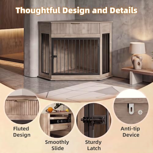 44.6'' Corner Dog Crate Furniture for Small Medium Dog,Grey Oak, view 6
