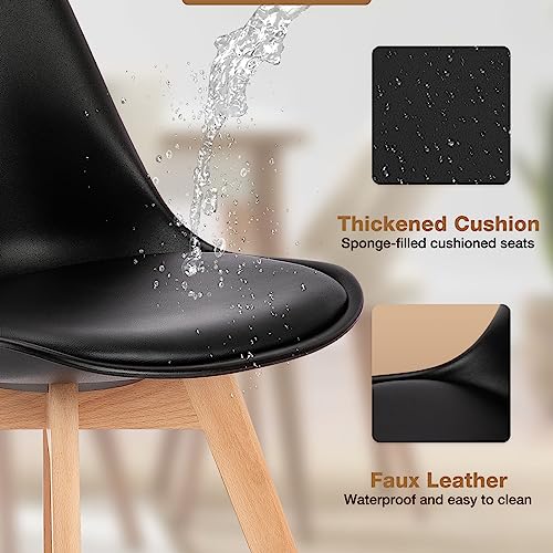 Set of 4 Dining Kitchen Mid-Century Modern Chairs with Wood Legs and PU Leather Cushion, Upholstered Seating for Living Room Bedroom Outdoor Lounge, Black