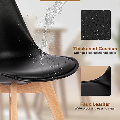 Set of 4 Dining Kitchen Mid-Century Modern Chairs with Wood Legs and PU Leather Cushion, Upholstered Seating for Living Room Bedroom Outdoor Lounge, Black