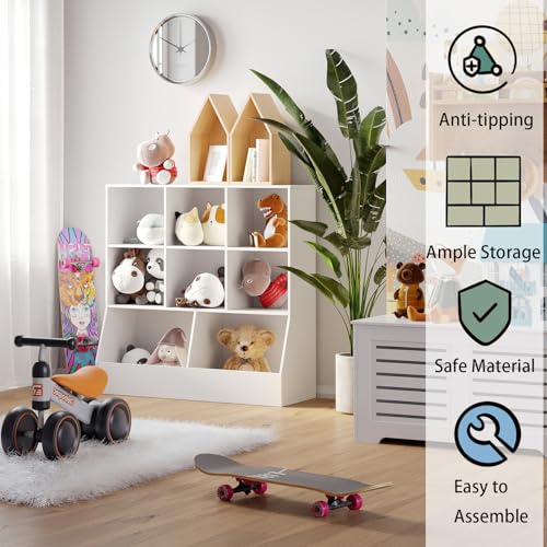 Toy Storage Organizer, Kids Bookshelf, Wood Toy Storage Cabinet, 3-Tier 8 Cubby Children Bookcase, 39.4" L Toddler Book Shelf for Playroom, Living Room, Nursery, Hallway, Classroom, White