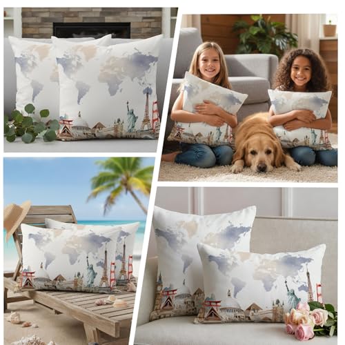 World Map Waterproof Outdoor Pillow Covers Set of 2 Home Decor, Famous Building Tourism Landscape Pillowcase Patio Pillow Covers for Couch Bench Patio Furniture Garden 26x26in