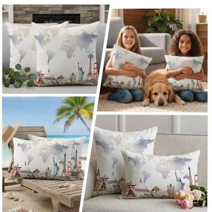 World Map Waterproof Outdoor Pillow Covers Set of 2 Home Decor, Famous Building Tourism Landscape Pillowcase Patio Pillow Covers for Couch Bench Patio Furniture Garden 26x26in