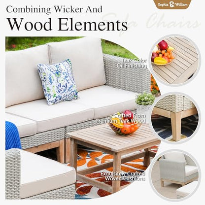 Patio Furniture Set, 5-Piece Wicker Patio Conversation Set, Rattan Outdoor Sectional Sofas with Ottomans & Wooden Coffee Table, Beige
