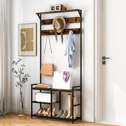 Coat Rack Shoe Bench, 3-in-1 Industrial Hall Tree w/Storage Bench & 9 Hanging Hooks, 3-Tier Wood Look Entryway Bench w/Metal Frame, Adjustable Foot Pads for Dorm, Apartment, Hall, Brown