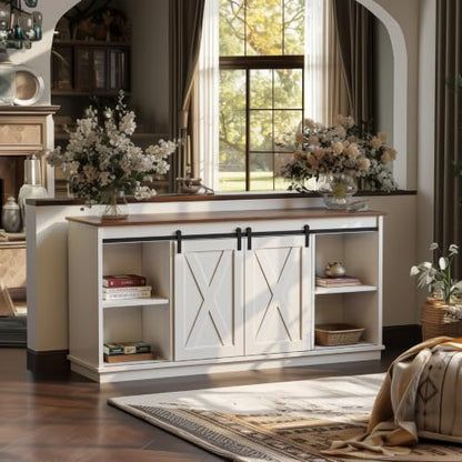 Farmhouse TV Stand 65 Inch, Wooden Entertainment Center, White, view 8