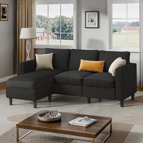 L Shaped Sectional Sofa Couch,Convertible Modular Sofas with Movable Ottoman,3-Seat Upholstered Corduroy Couch,Small Couches for Living Room,Apartment,Office(Black)