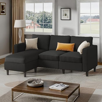 L Shaped Sectional Sofa Couch,Convertible Modular Sofas with Movable Ottoman,3-Seat Upholstered Corduroy Couch,Small Couches for Living Room,Apartment,Office(Black)