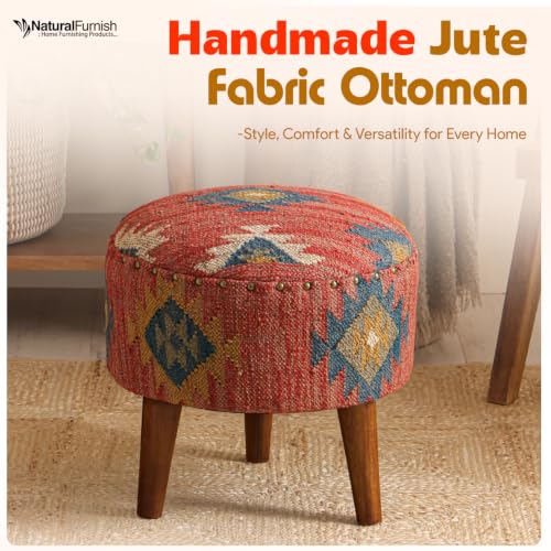 Handmade Kilim Jute Pouf Ottoman Stool | Round Upholstered Seating with Acacia Wood Legs | Decorative Foot Rest for Living Room, Bedroom, Reading Room & Lounge (Red)