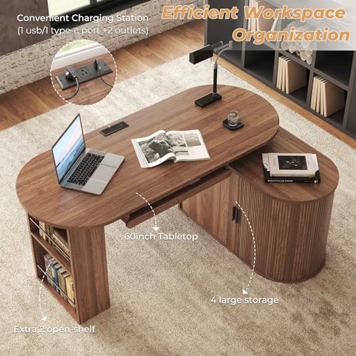Office L Shaped Computer Desk with Storage Cabinet, Reversible Corner L Desks with Keyboard Tray and Open Shelf, Home Office Executive Desk with Power Outlet for Study Workstation, Walnut 60 Inch