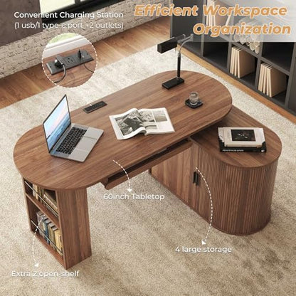 Office L Shaped Computer Desk with Storage Cabinet, Reversible Corner L Desks with Keyboard Tray and Open Shelf, Home Office Executive Desk with Power Outlet for Study Workstation, Walnut 60 Inch