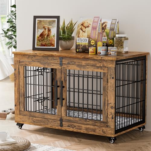 Large Dog Crate Furniture, 38'' Heavy Duty Wood Kennel w/Cushion & Wheels, view 2