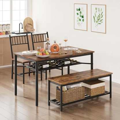 Dining Table Set for 4, Kitchen Table and Chairs for 4 with Wine Rack, Rectangular Dining Room Table Set with Bench, 4 Piece Dining Table Set for Small Space, Apartment, Retro Brown