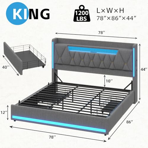 King Size Bed Frame with 4 Drawers, Storage Headboard and LED Lights, view 3
