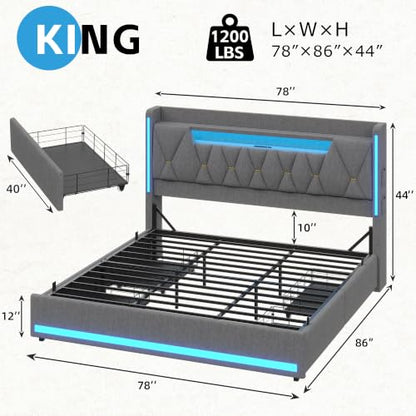 King Size Bed Frame with 4 Drawers, Storage Headboard and LED Lights, view 3