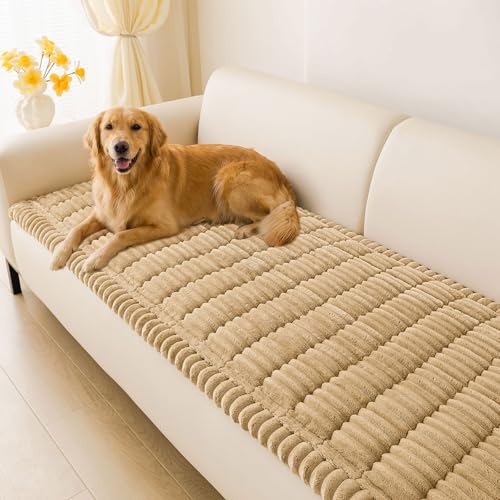 Couch Cover for Dogs Washable, Non Slip Thick Flannel Sofa Protector, Pet Friendly Plush Furniture Cover for Sectional Sofa & Loveseat (Camel, 27.6" x 59")