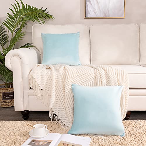 Powder Blue Velvet Throw Pillow Covers 24x24 inch, Decorative Solid Soft Cushion Cases for Couch Sofa Bed, Pack of 2