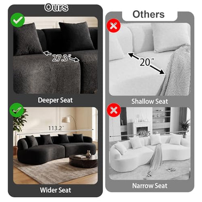 113" Curved Sectional Sofa Modern Cream Cloud Couch Modular Sectional Couches for Living Room Boneless Cloud Sofa Boucle Loveseat Comfy Chenille Deep Seat with 4 Pillows, Black