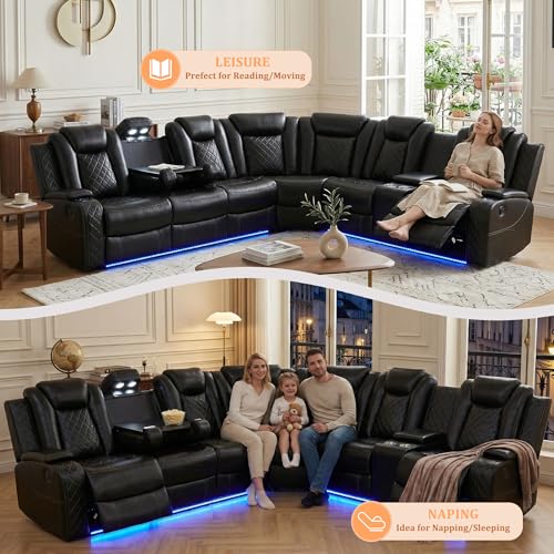 Power Reclining Sectional Sofa, Black Leather Recliner Corner Couch, Air Leather Sectional Living Room Funiture Set LED Lights/USB Port/Cup Holder for Living Room/Apartment/Office