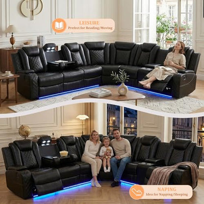 Power Reclining Sectional Sofa, Black Leather Recliner Corner Couch, Air Leather Sectional Living Room Funiture Set LED Lights/USB Port/Cup Holder for Living Room/Apartment/Office