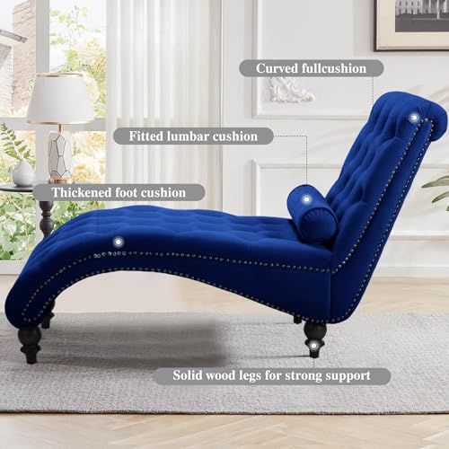 61" Velvet Tufted Chaise Lounge, Upholstered Sofa Chair with Wood Legs Blue, view 4