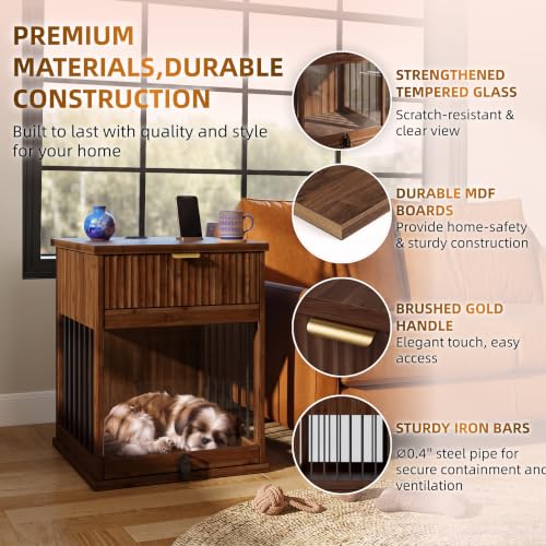 Wooden Dog Crate Furniture End Table with Drawer for Small Dogs (Brown), view 8