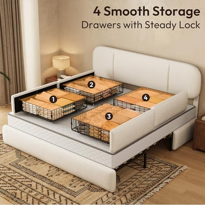 King Size Cloud Bed Frame with LED & 4 Drawers, Beige, view 5