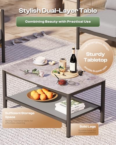 Aluminum Outdoor Patio Furniture Set with Dual-Layer Coffee Table, 4 Piece Modern Patio Conversation Sets with PE Rope, Outdoor Sectional Sofa with Thick Cushions for Balcony, Porch, Gray