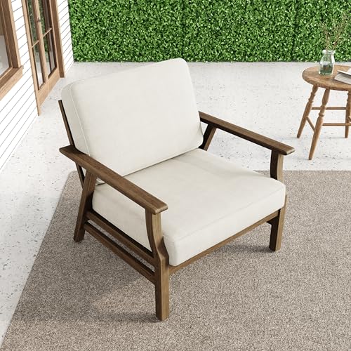 3 Piece Wood Patio Chair Outdoor Bistro Set, Outdoor Armchair All Weather Patio Sofa Furniture Backyard Conversation Sets with Wooden Side Table, Beige