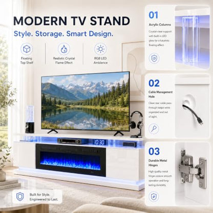 70" Fireplace TV Stand for TVs up to 80", White & Black, view 7