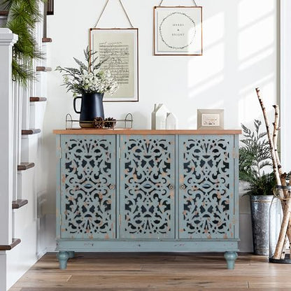 Accent Wood Storage Cabinet with 3 Doors, Large Farmhouse Buffet Sideboard Carved Decorative Storage Cabinet for Living Room Entryway Hallway, 13" Dx41.7 Wx31.5 H, Blue