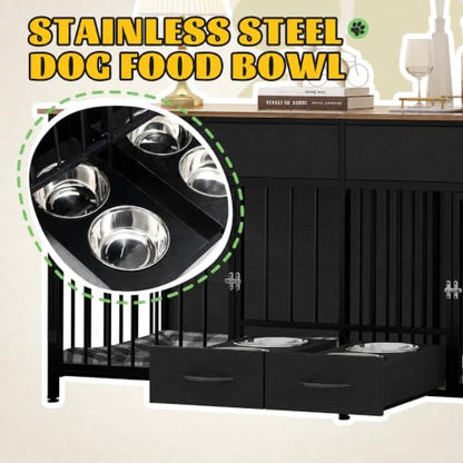 74.8" Dog Crate Furniture with Dog Feeder for 2 Small Medium Dog, view 6