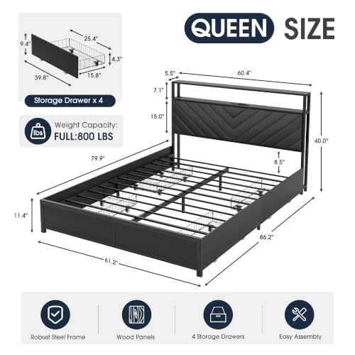 Queen Bed Frame with 4 Storage Drawers, Upholstered Storage Headboard, view 3