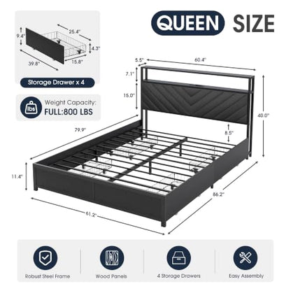 Queen Bed Frame with 4 Storage Drawers, Upholstered Storage Headboard, view 3