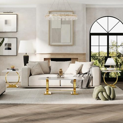 White and gold square end table with polished metal U-base, view 6