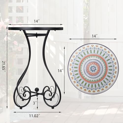 Mosaic Outdoor Side Table, Round Rustproof Patio Tables with 14" Ceramic Tile Top, Indoor Porch Accent Table for Yard, Garden, Living Room, Bistro Balcony, Green