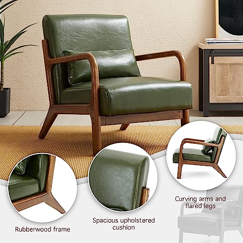 Mid Century Hunter Green Accent Armchair, Single Reading Armchair PU Leather Lounge Chair with Walnut Ruberwood Frame