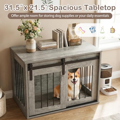 31.5" Dog Crate Furniture with Sliding Barn Door, Wooden Dog Kennel, view 5