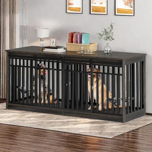 71" Double Dog Crate Furniture for 2 Dogs with 4 Bowls, view 3