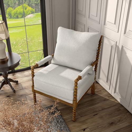 Dedee Mid Century Modern Boucle Fabric Accent Chair with Arms, Wide Spindle and Solidwood Legs for Living Room, Bedroom, Reading Corner, Home Office, Light Oak and White