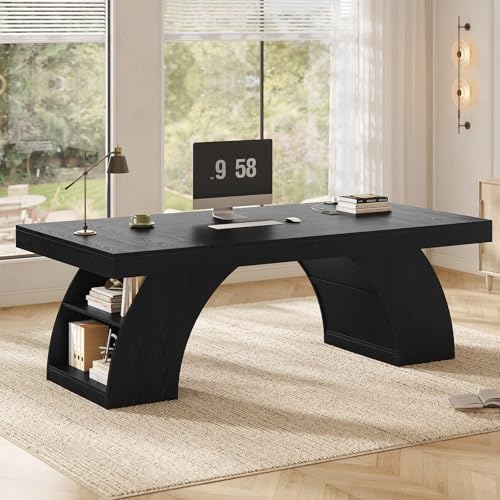70.9 Inch Executive Desk, Large Office Desk with Power Outlet & Storage Shelves, view 5