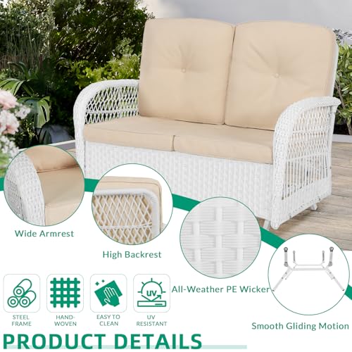 4-Piece Outdoor Patio White Wicker Conversation Sets, All Weather Outdoor Rattan Furniture Set Includes Glider Loveseat, Coffee Table, 2 Rocking Chairs with Cushions for Backyard, Beige