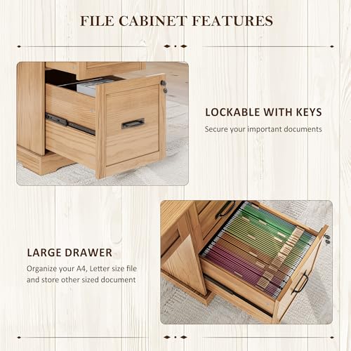 55'' Farmhouse Desk Home Office with Drawers, Executive Computer Desk Wooden with File Cabinet and Charging Station, Light Walnut