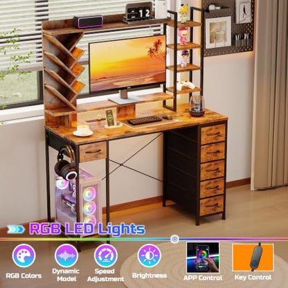 47.24" Gaming Computer Desk with Hutch, 6 Drawers, Rustic Brown, view 6
