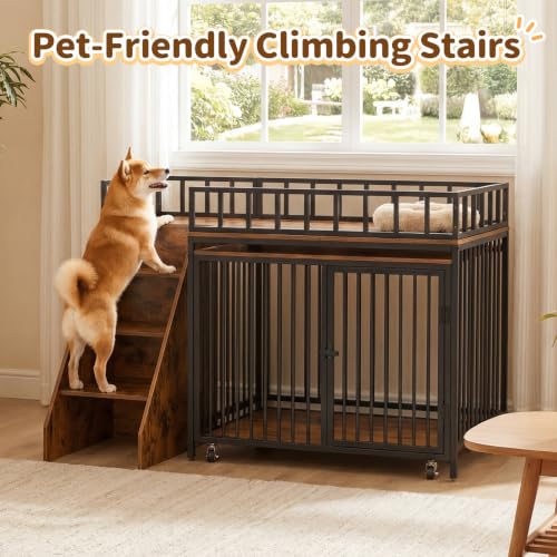 Dog Crate Furniture, Wooden Dog Kennel Indoor w/Storage(Rustic Brown), view 6