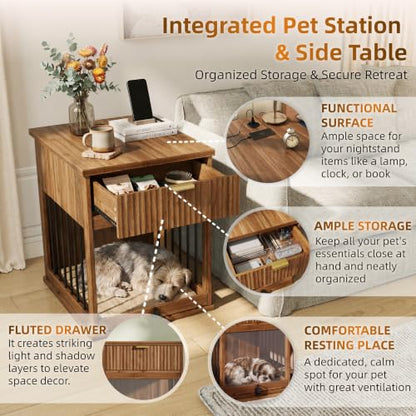 Dog Crate Furniture End Table for Small Dogs with Charging Station (Brown), view 6