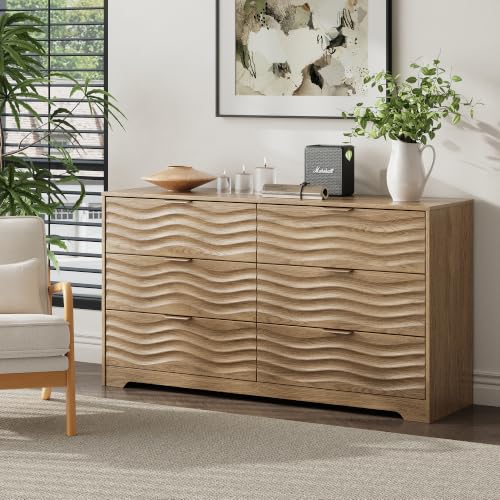 55" Wide Coastline Fluted 6 Drawers Dresser for Bedroom,Walnut, view 2