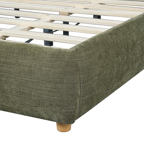 Queen Linen Blend Platform Bed with 2 Headboard Pillows, Olive Green, view 7