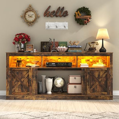 Farmhouse TV Stand for 70/75/80 Inch TV, 32”Tall Entertainment Center w/LED Light, Large Media Console Cabinet w/Barn Doors & Adjustable Shelves for Living Room, Rustic Brown