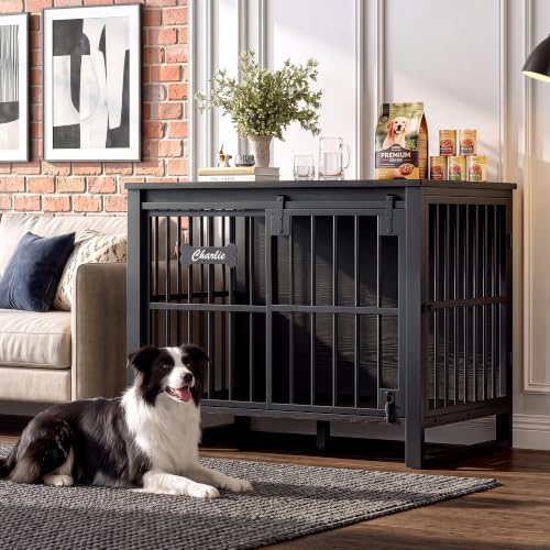 31.5" Tall Dog Crate Furniture with Sliding Barn Door, Black, view 5