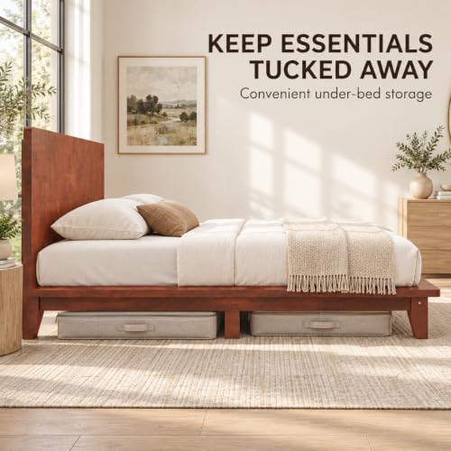 Queen Size Japanese Wooden Bed Frame with Brown Headboard, view 7